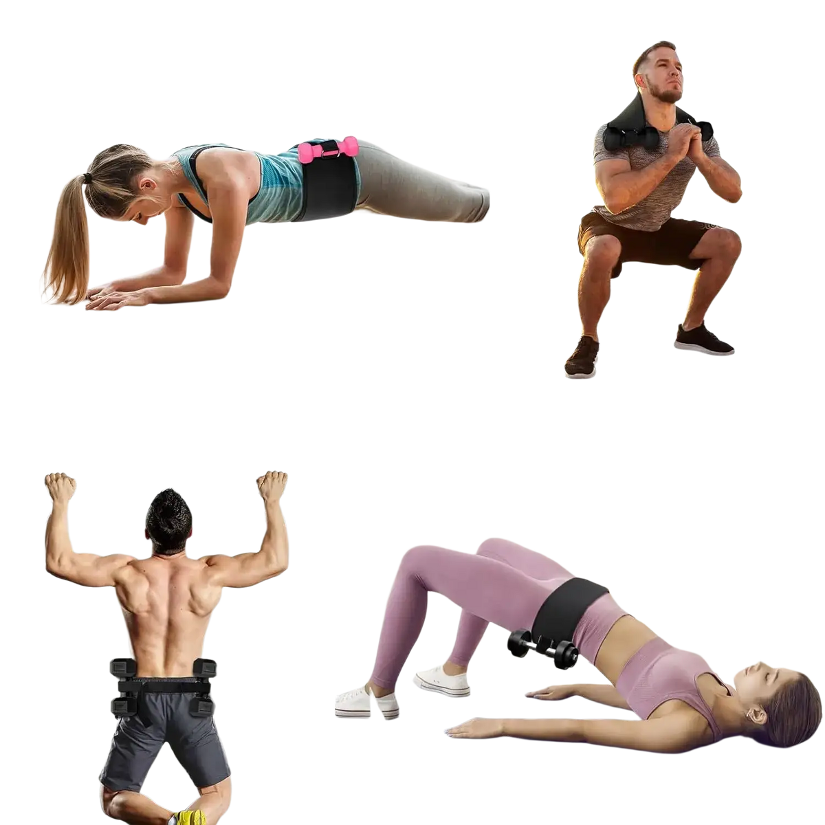 Adjustable hip thrust weight bearing belt in black with adjustable straps and small dumbbell attachments for exercises