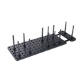 Adjustable kitchen drawer pegboard organizer in black metal with evenly spaced vertical pins and a perforated surface