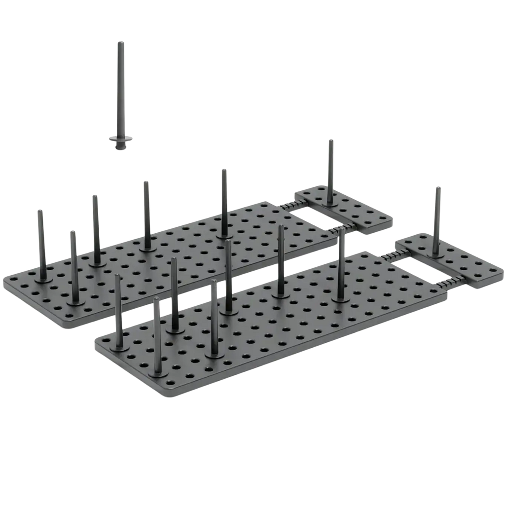 Black plastic adjustable kitchen drawer pegboard organizer with 12 vertical pins for customizable storage