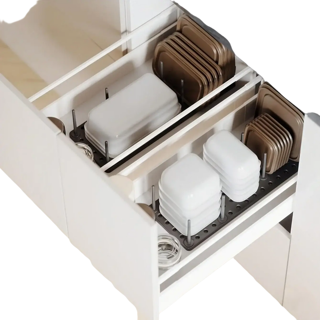 Adjustable kitchen drawer pegboard organizer with white ceramic dishware neatly stacked in a modern drawer organizer