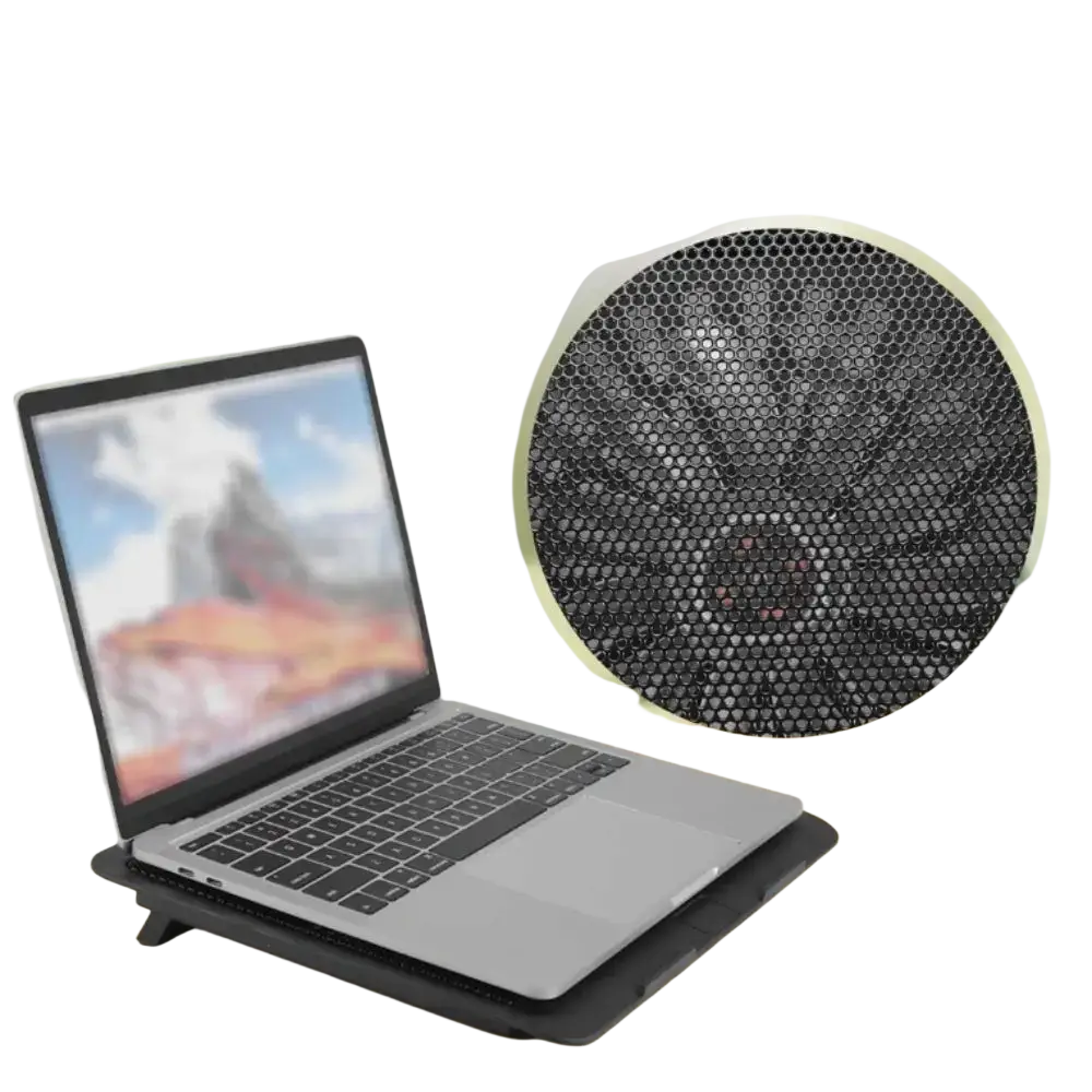 Adjustable black honeycomb-patterned laptop cooling pad with dual integrated fan grille for efficient laptop cooling