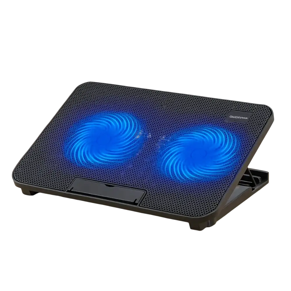 Black mesh laptop cooling pad with dual blue glowing fans designed for effective laptop cooling and heat dissipation
