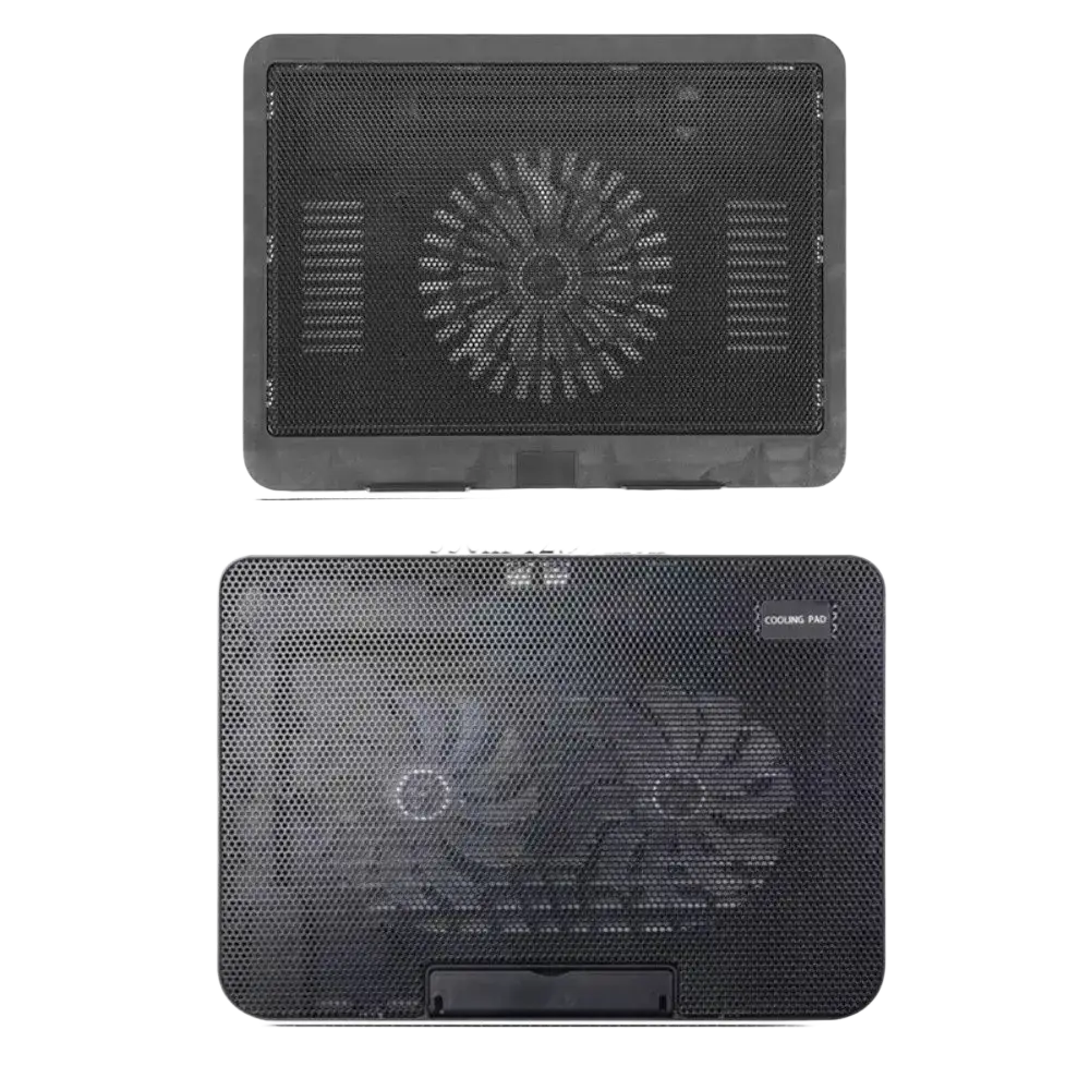 Adjustable black mesh laptop cooling pad with dual fans and central fan design measuring 36cm by 26cm for laptop cooling