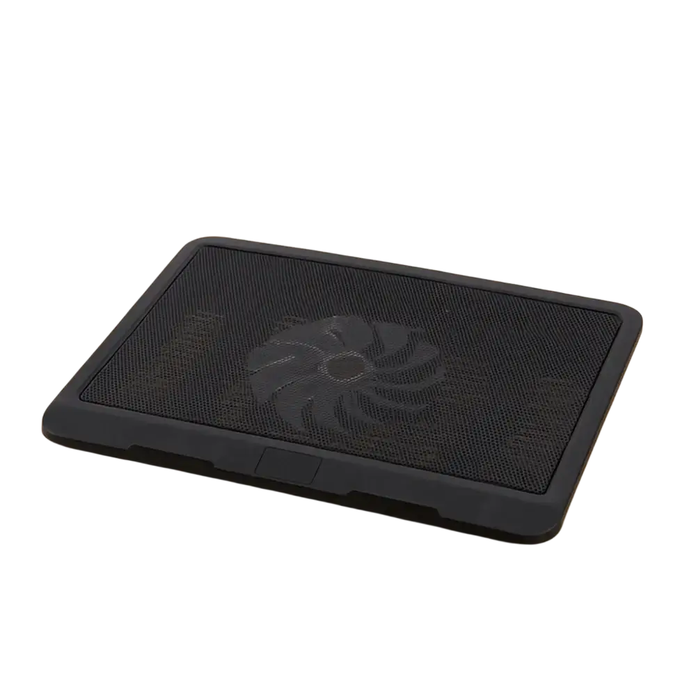 Adjustable black mesh laptop cooling pad with dual fans featuring central fan design for effective laptop cooling actual product