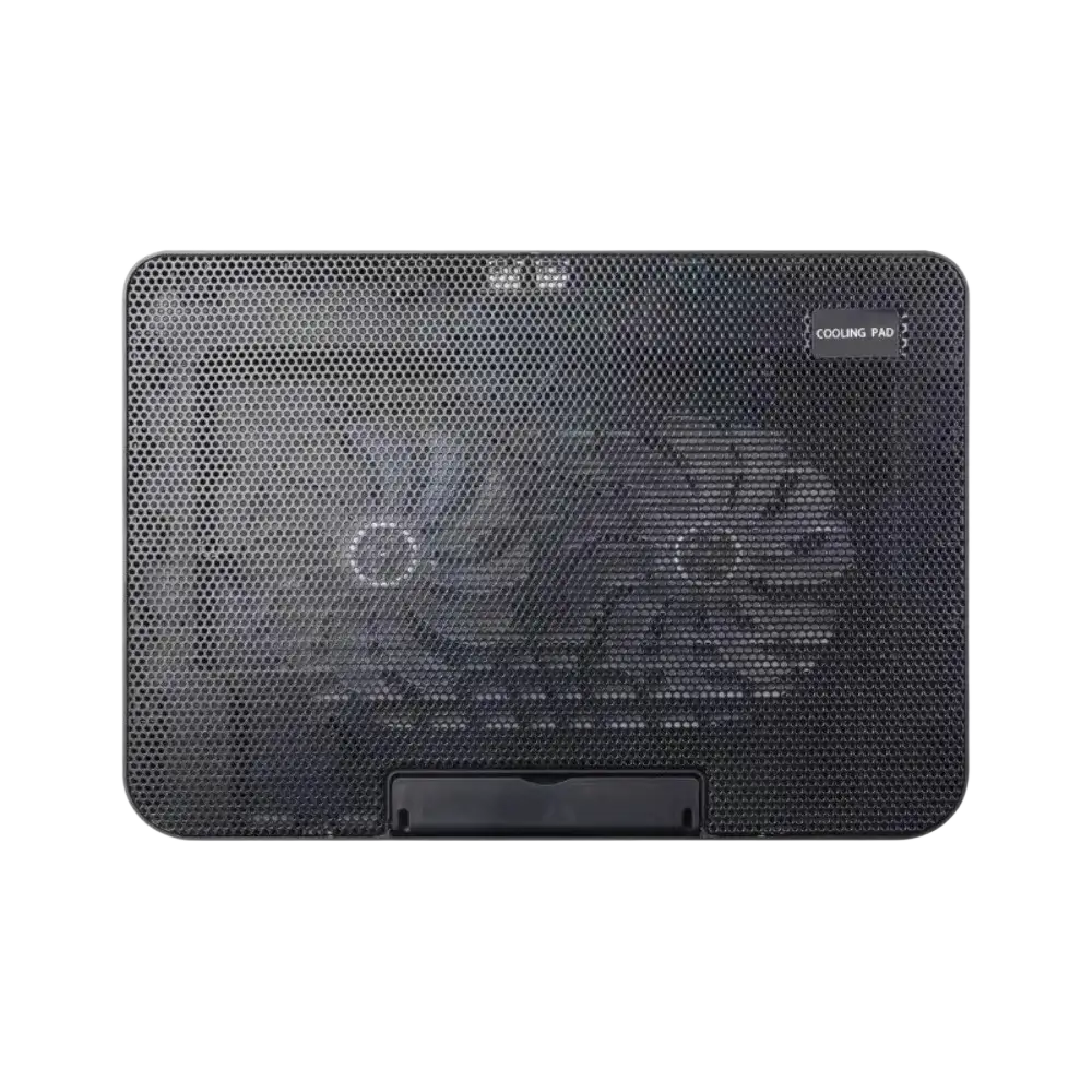 Adjustable black mesh laptop cooling pad with central fan and cooling pad label for effective laptop cooling