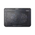 Adjustable black mesh laptop cooling pad with central fan and cooling pad label for effective laptop cooling