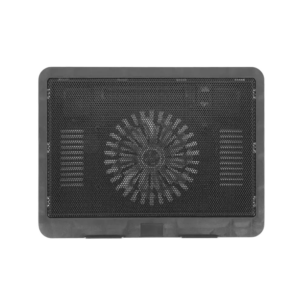 Adjustable black mesh laptop cooling pad with central fan and side vents for effective laptop cooling