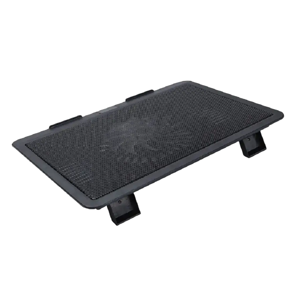 Adjustable black plastic laptop cooling pad with dual fans textured mesh surface and adjustable feet for laptop cooling