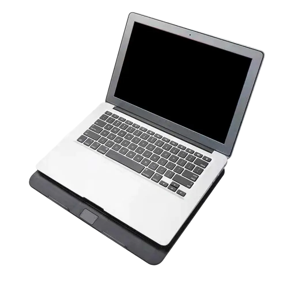 Silver laptop with black keyboard resting on an adjustable laptop cooling pad with dual fans for effective laptop cooling