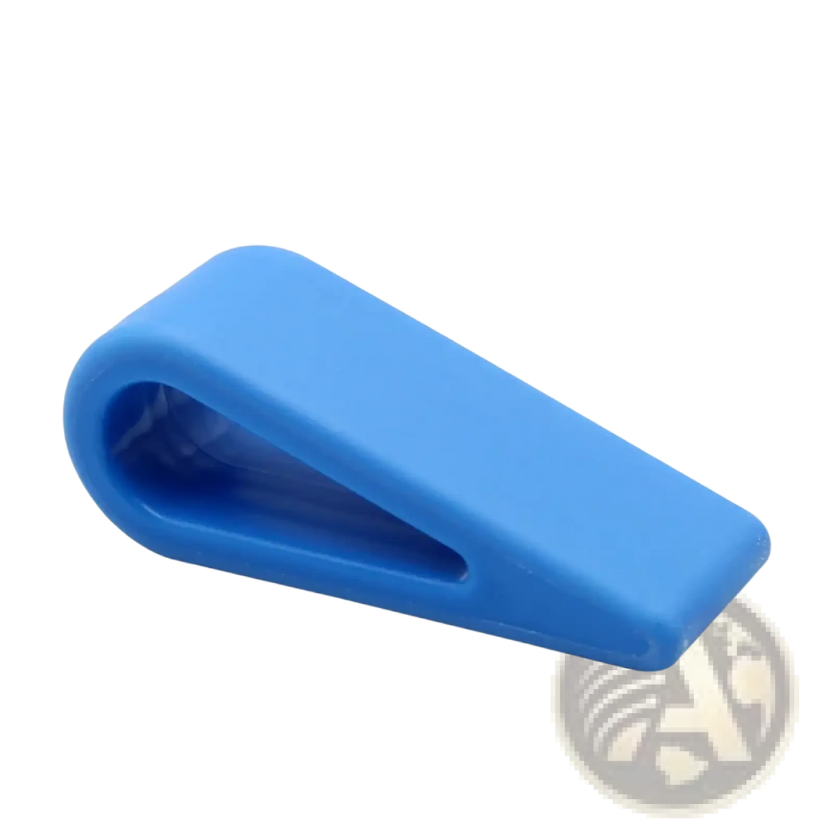 Blue plastic door stopper with smooth curved design as part of an adjustable laptop stand ergonomic cooler base pad
