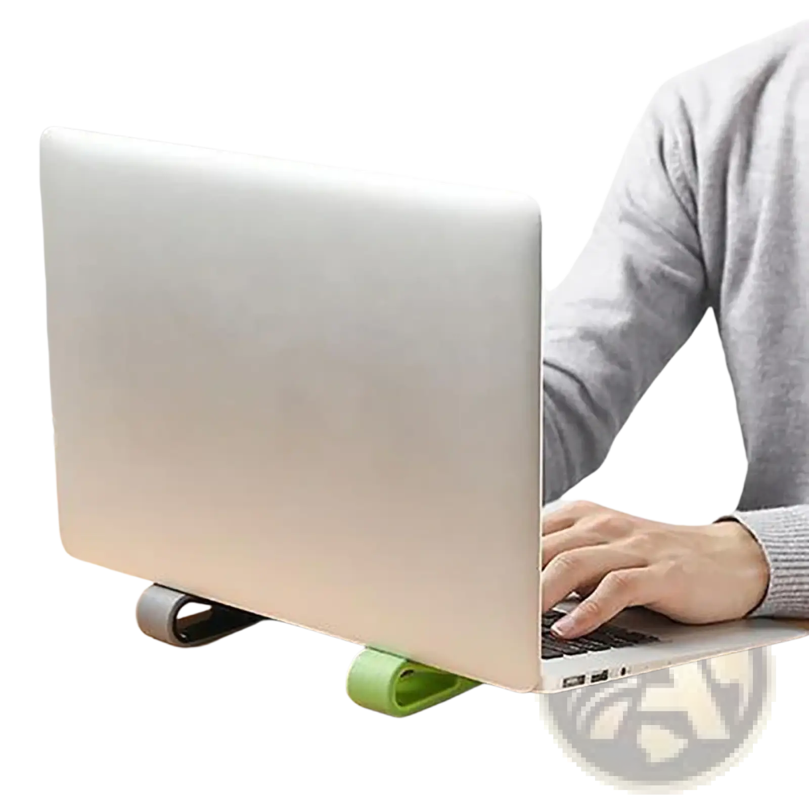 Adjustable green and gray plastic laptop stand with ergonomic cooler base pad for improved comfort and airflow