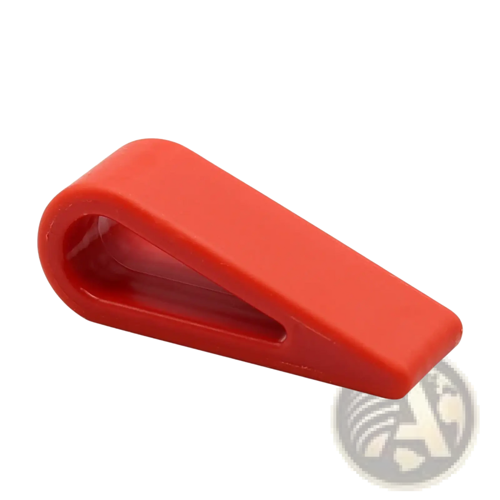 Adjustable laptop stand ergonomic cooler base pad with a red plastic door stop featuring a smooth glossy finish and triangular shape