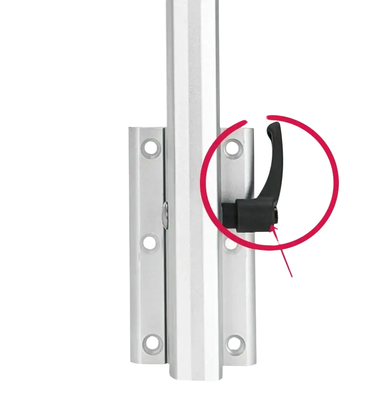 Black plastic lever handle on silver metal hinge of an adjustable laptop table leg aluminum rv component