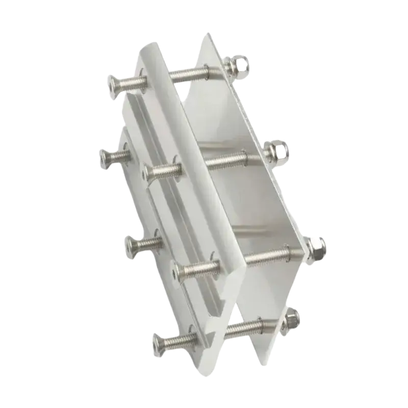 Silver aluminum clamp with threaded bolts and hex nuts for adjustable laptop table leg in removable laptop table