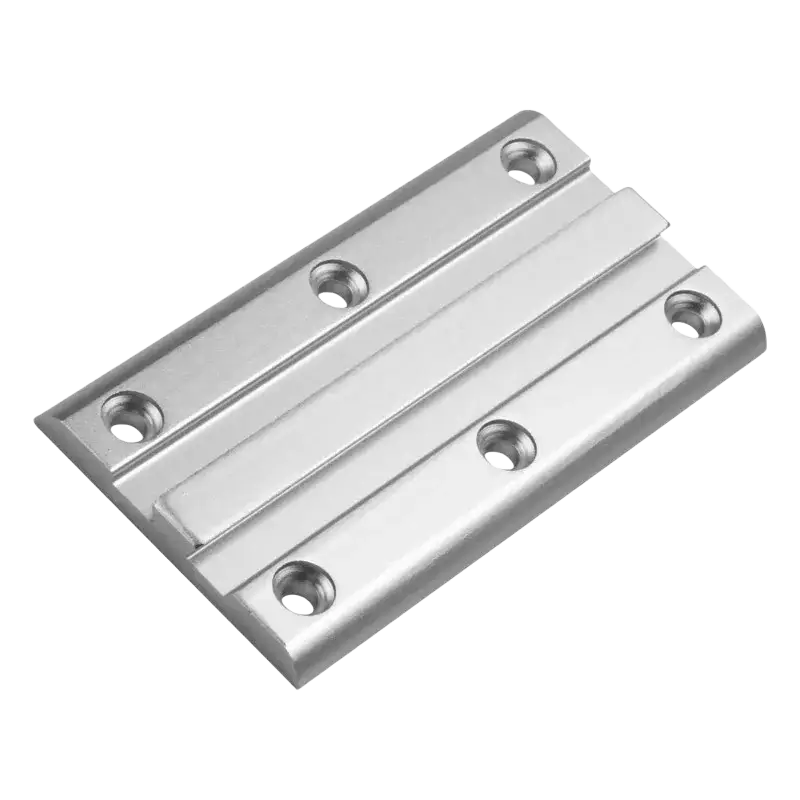 Silver metallic aluminum laptop table leg hinge with polished finish and four mounting holes for adjustable laptop table