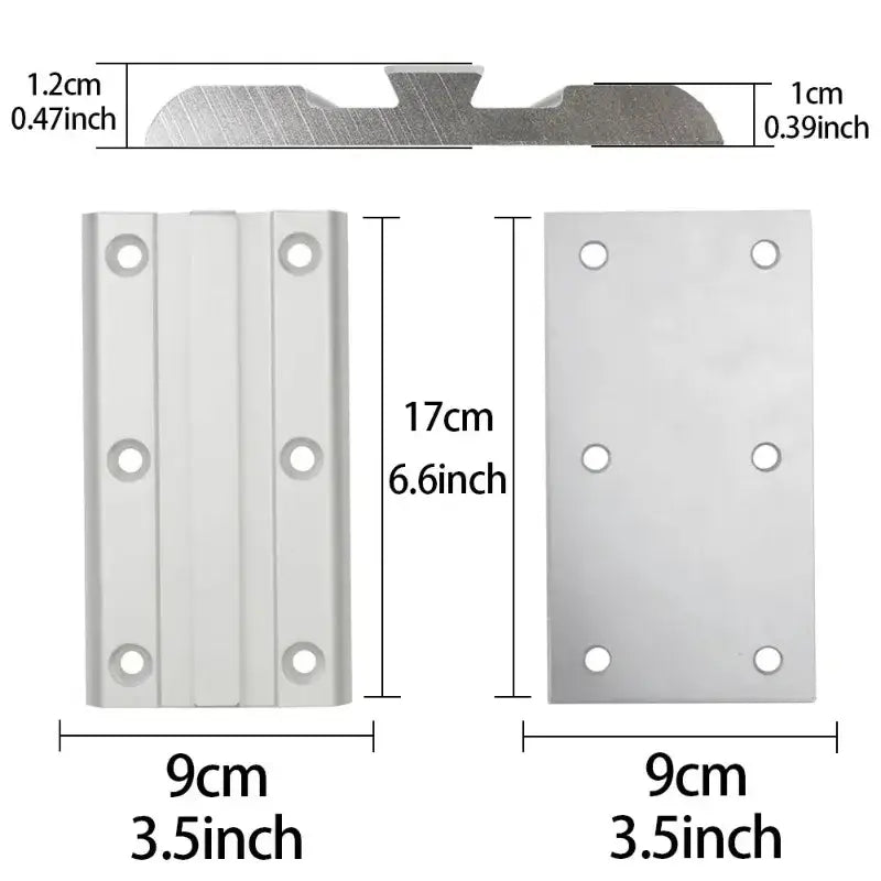 Silver aluminum laptop table leg track and plate assembly with precise dimensions for adjustable laptop table use