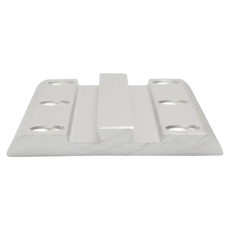 Silver-toned aluminum hinge with central bar and four holes on each side for adjustable laptop table leg use