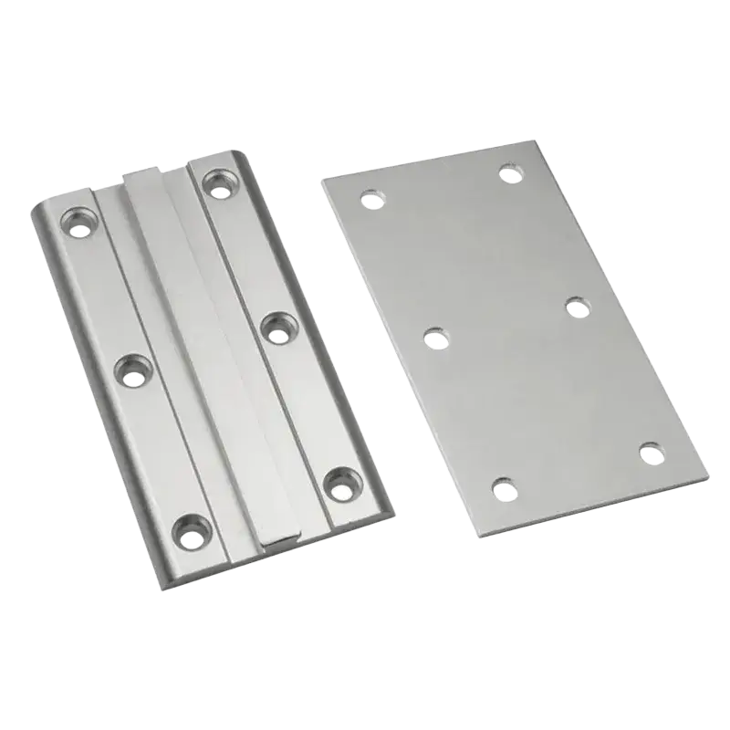 Stainless steel hinge with polished finish and four holes for adjustable laptop table leg on removable laptop table