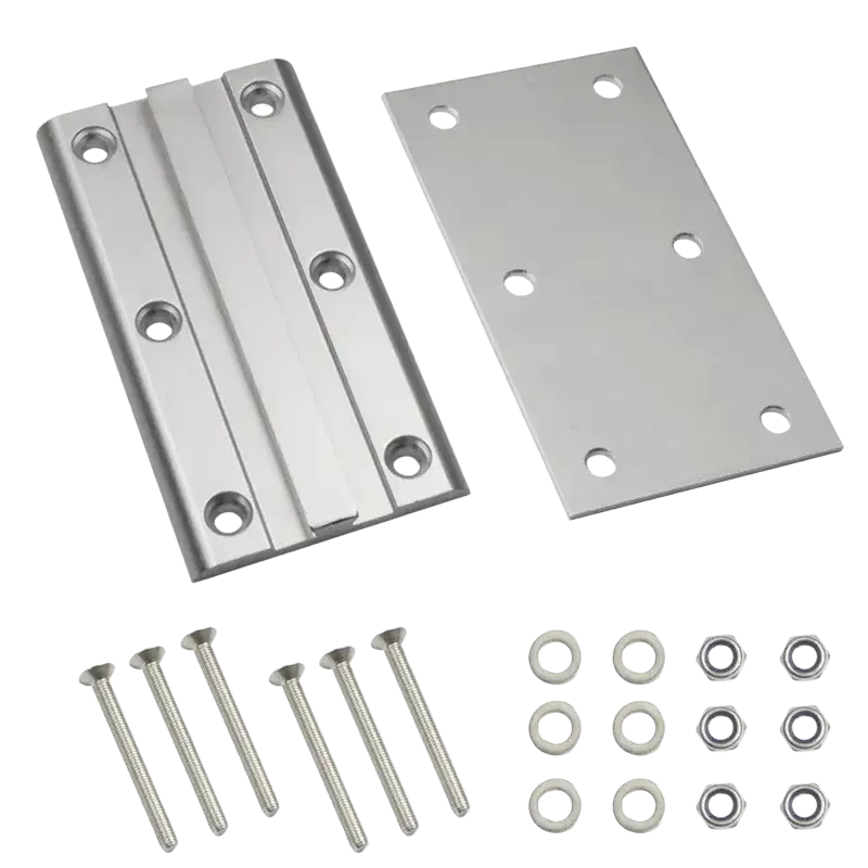 Stainless steel hinge assembly with mounting plates and hardware for adjustable laptop table leg aluminum rv