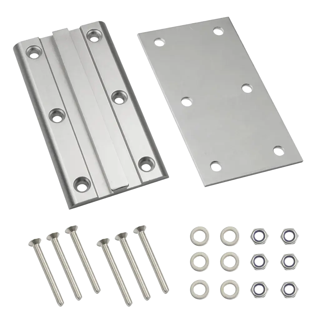 Stainless steel hinge assembly with matching mounting plate and hardware for adjustable laptop table leg aluminum rv