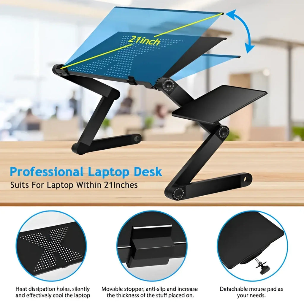 Adjustable black laptop table with 21-inch surface, cooling holes, and detachable mouse board for ergonomic use