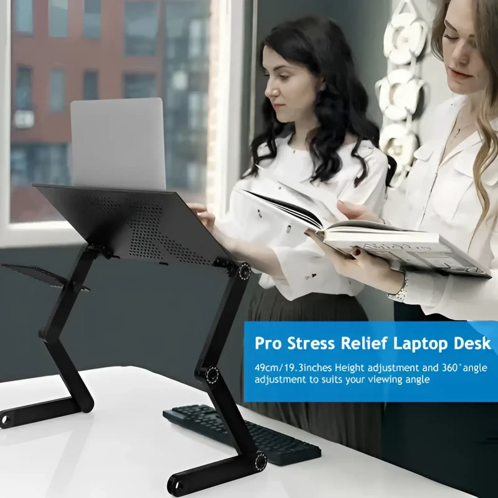Black adjustable laptop table with foldable design perforated surface and mouse board for cooling and convenience