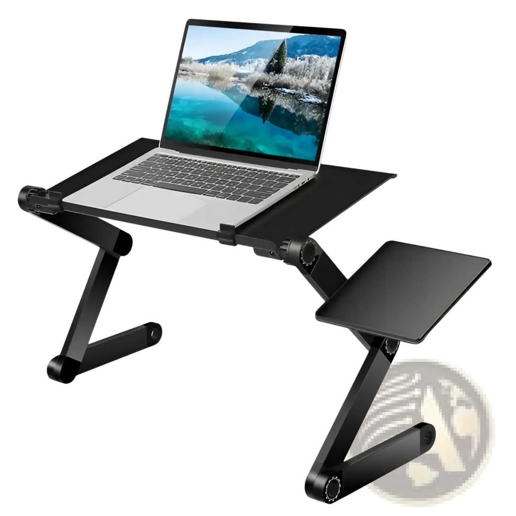 Black adjustable laptop table with foldable design cooling holes and integrated side tray for mouse board use