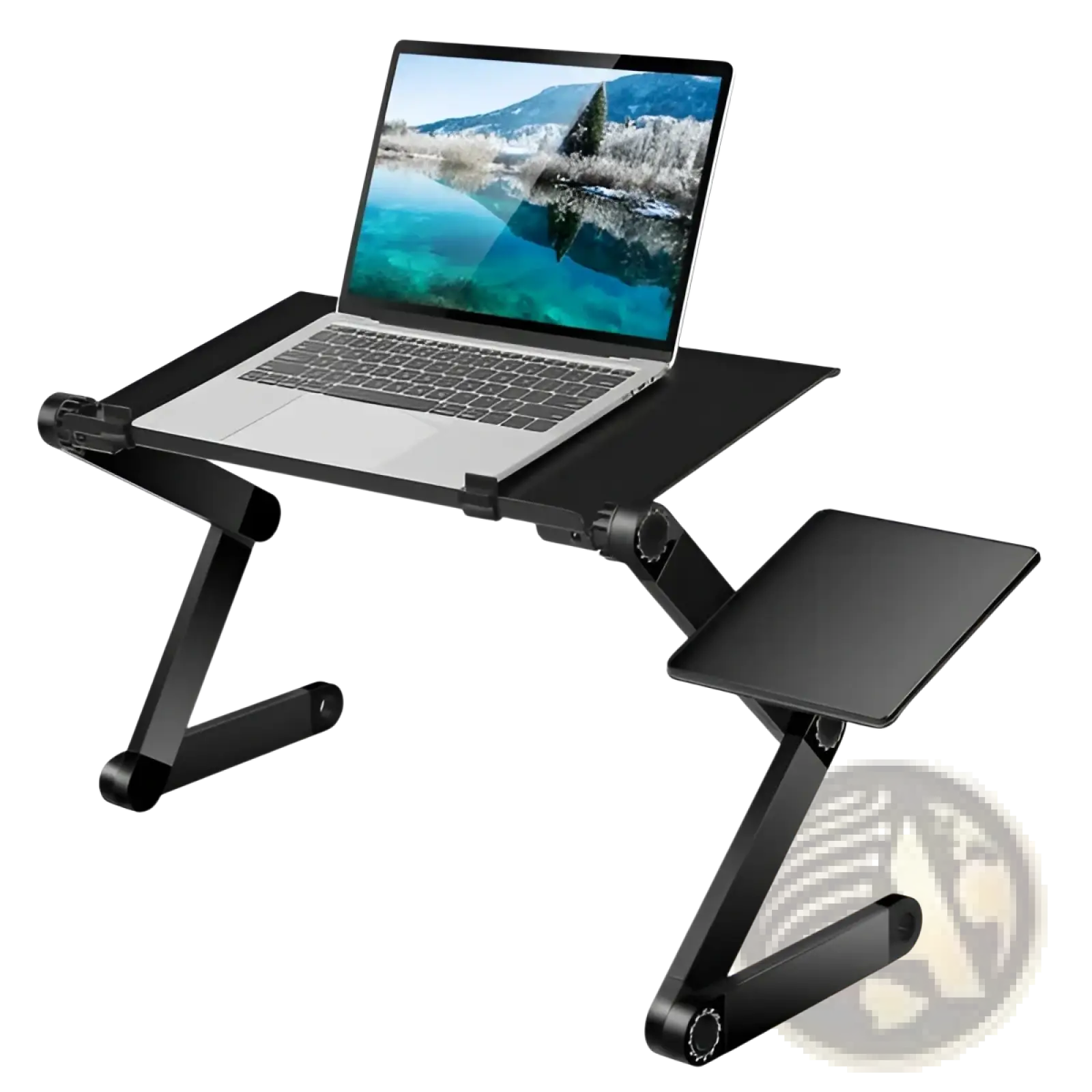 Black adjustable laptop table with foldable design cooling holes and integrated side tray for mouse board use