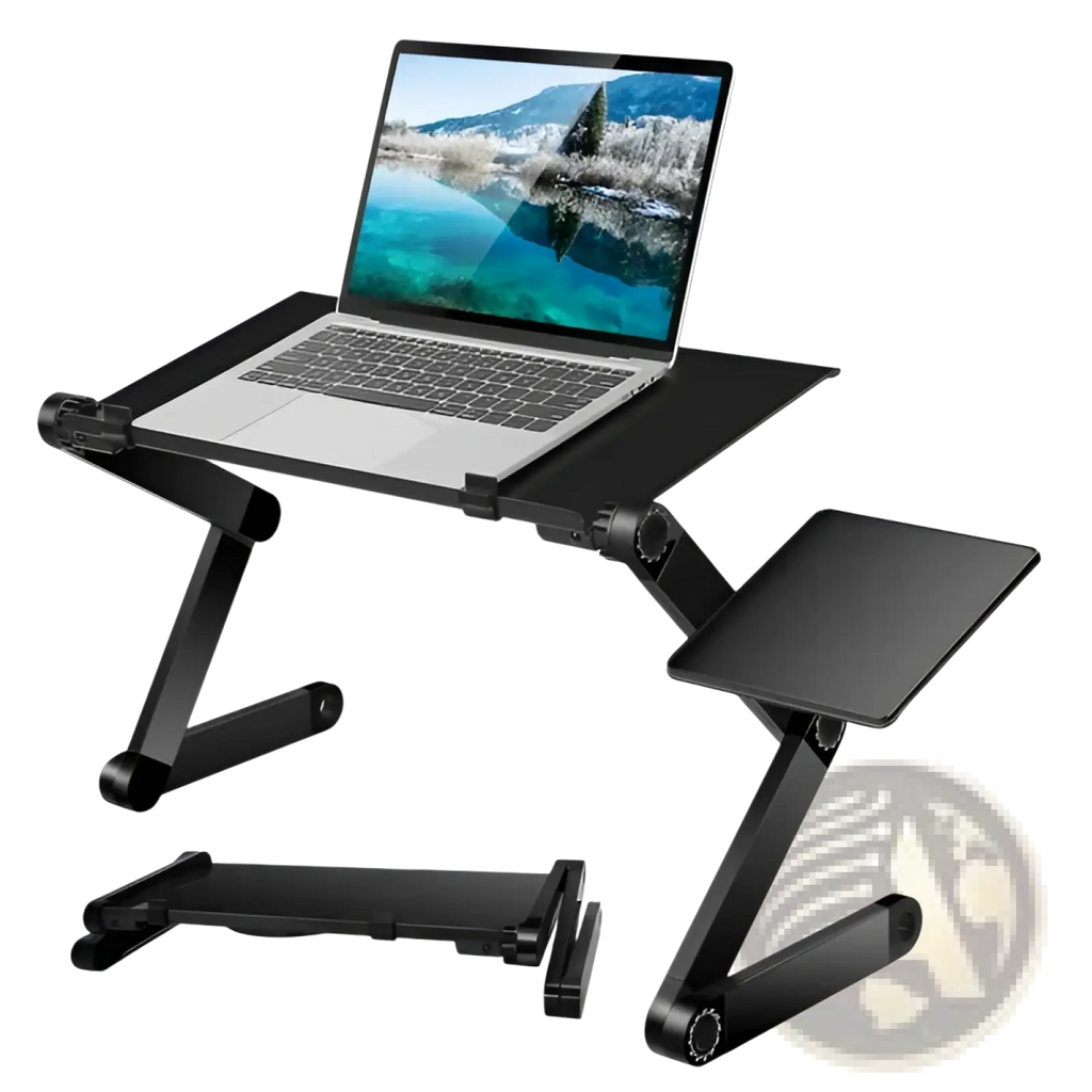Adjustable black laptop table with foldable design, two-tiered surface, mouse board, and cooling holes for ergonomic support