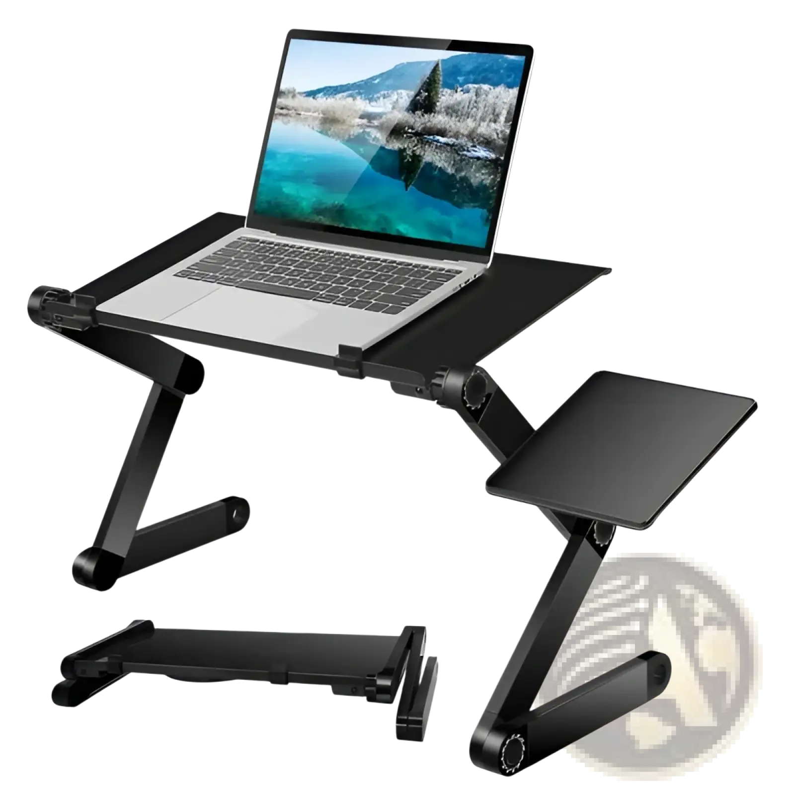 Adjustable black laptop table with foldable design, two-tiered surface, mouse board, and cooling holes for ergonomic support