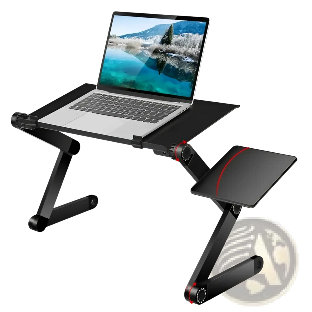 Black adjustable laptop table with mouse board and cooling holes featuring 360-degree rotation and stress-relief design