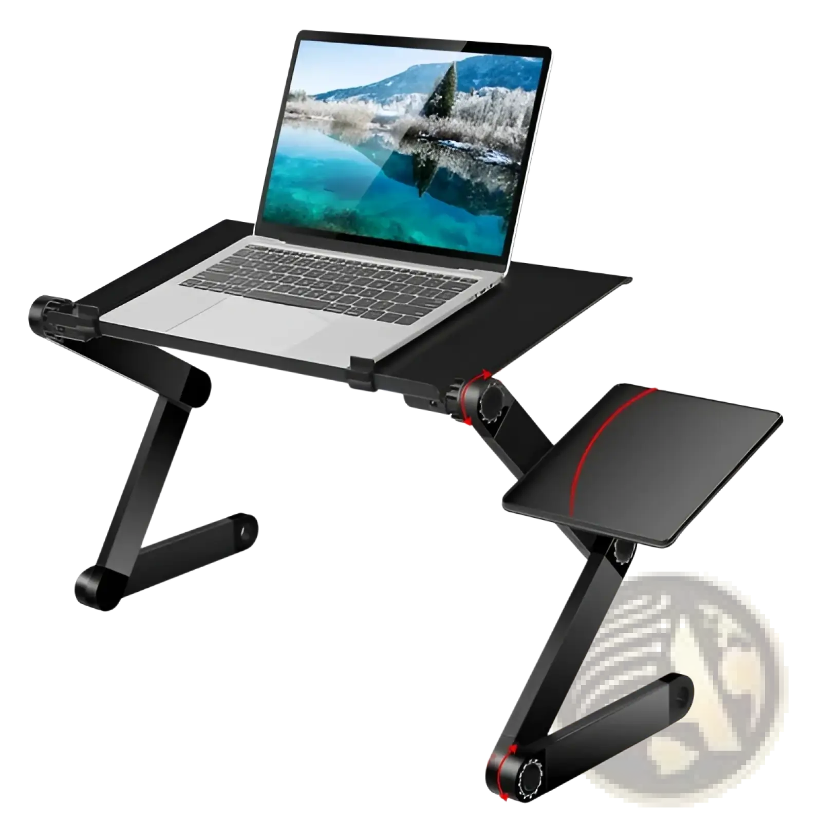 Black adjustable laptop table with mouse board and cooling holes featuring 360-degree rotation and stress-relief design