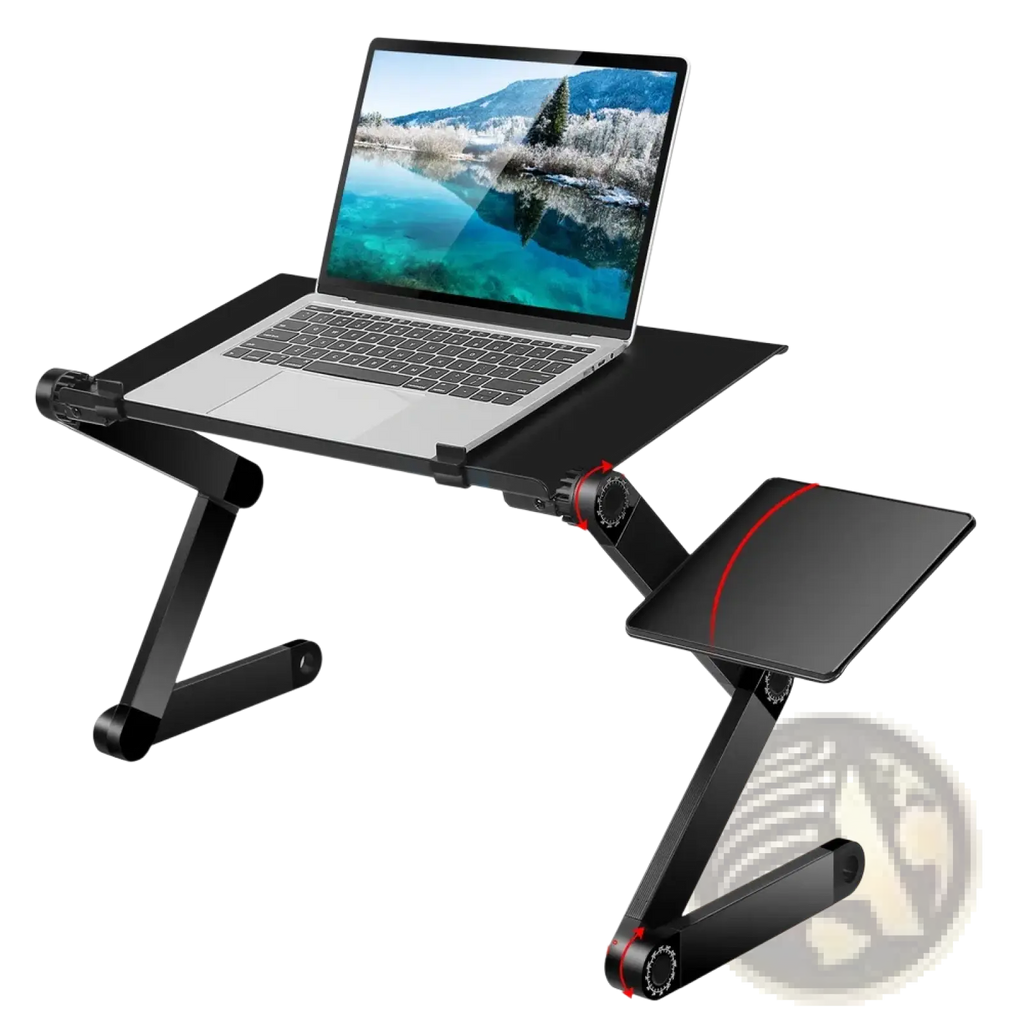 Adjustable black laptop table with 360-degree rotating arms and perforated cooling surface for airflow and mouse use