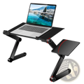 Adjustable black laptop table with 360-degree rotating arms and perforated cooling surface for airflow and mouse use