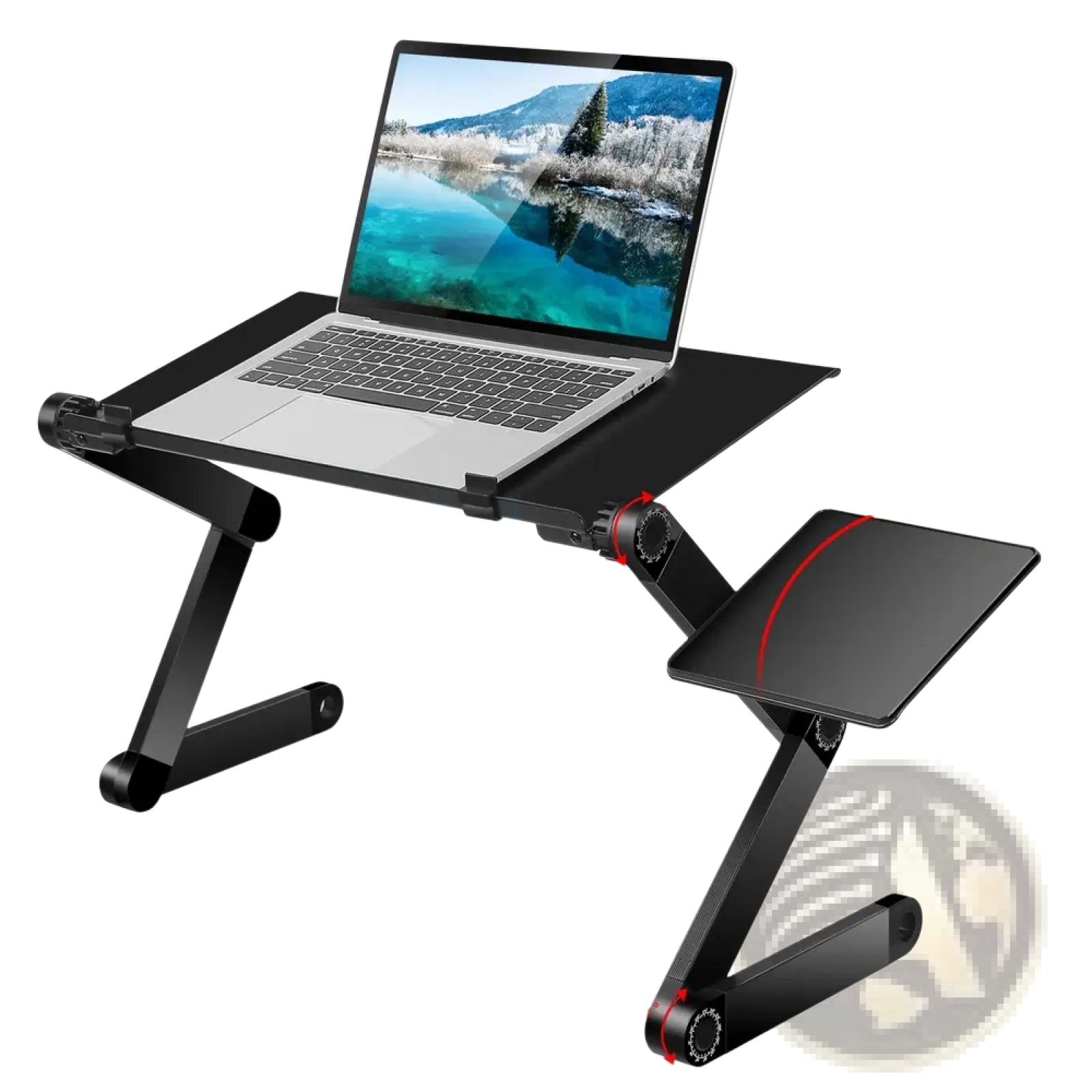 Adjustable black laptop table with 360-degree rotating arms and perforated cooling surface for airflow and mouse use
