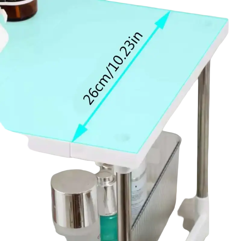 Adjustable layered partition rack with a sleek light blue translucent glass tabletop and stainless steel telescopic sink holder legs