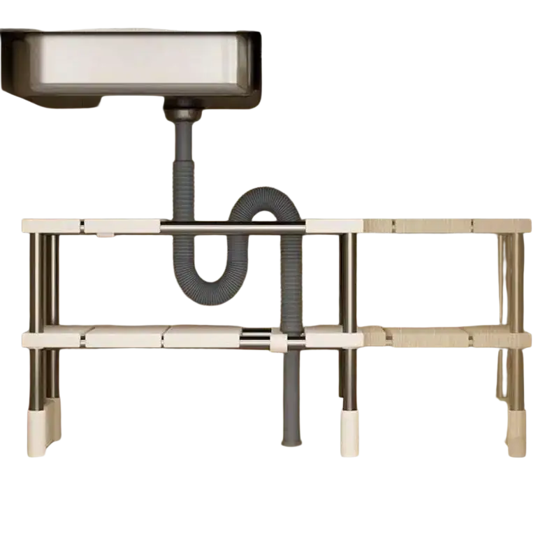 Adjustable layered partition rack and telescopic sink holder in stainless steel and white plastic with 54-75cm range