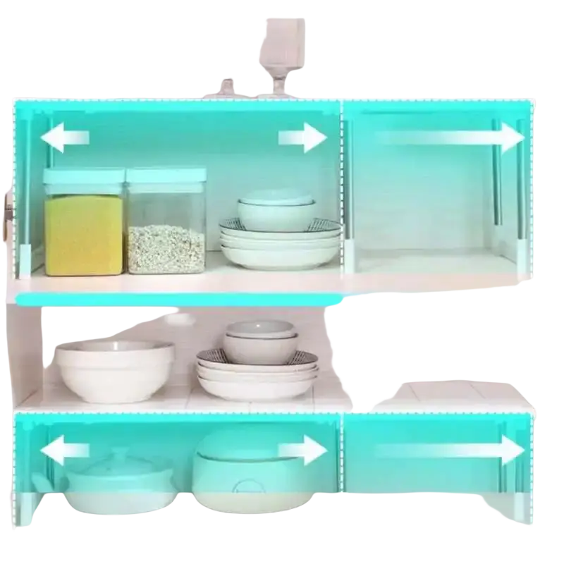 Teal-colored adjustable layered partition rack with sliding compartments and telescopic sink holder for kitchen storage