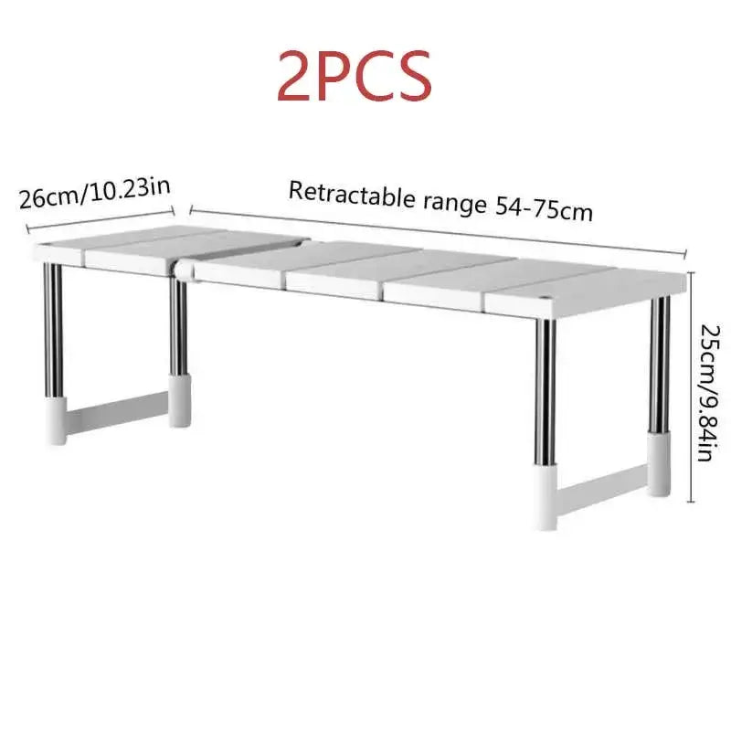 Adjustable layered partition rack and telescopic sink holder made of white plastic and metal with a modern retractable design