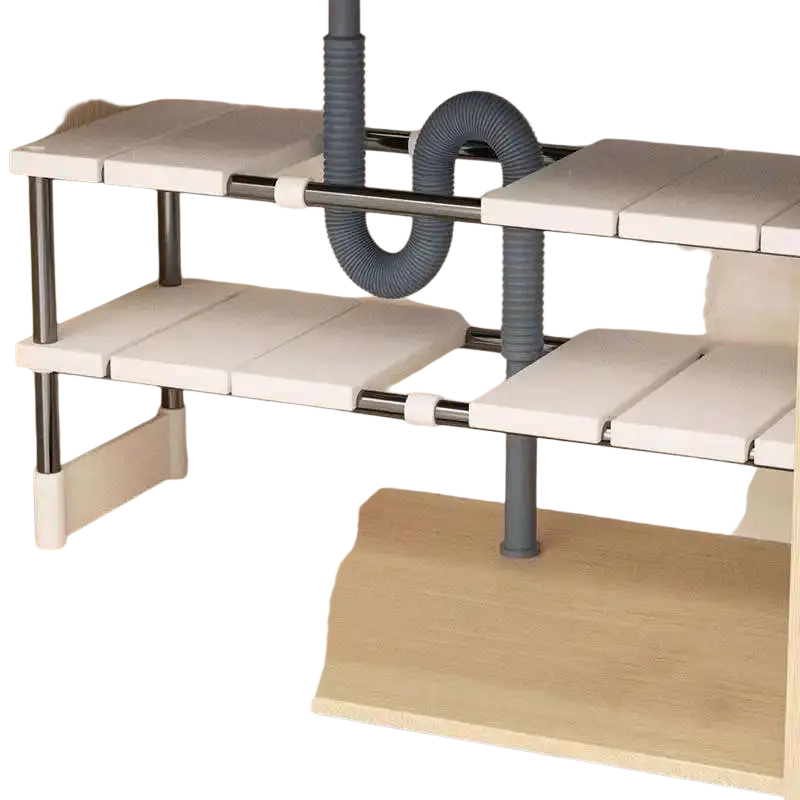 White plastic and metal telescopic sink holder with adjustable layered partition rack for kitchen organization