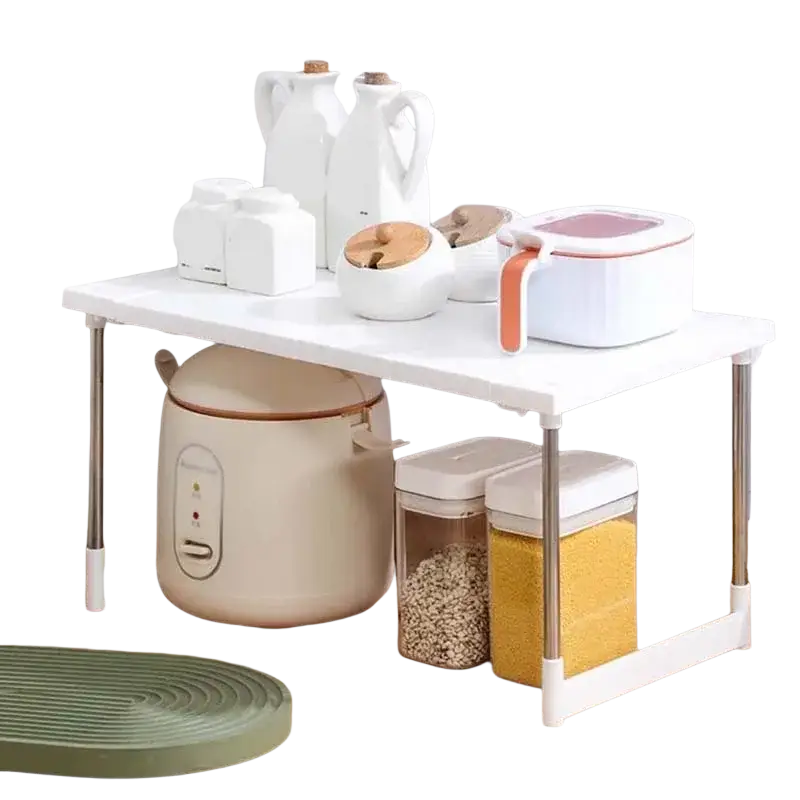 White plastic adjustable layered partition rack with silver metal legs and telescopic sink holder features sturdy design