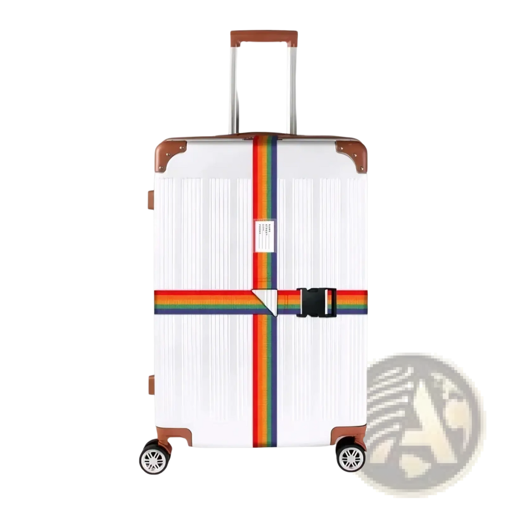 Adjustable heavy duty luggage strap with rainbow stripes and black buckle designed for 18-34 inch suitcases