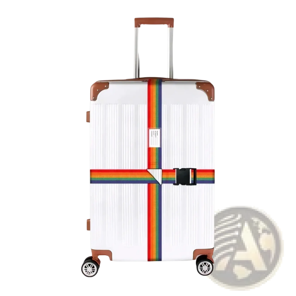 Adjustable heavy duty luggage strap with rainbow stripes and black buckle designed for 18-34 inch suitcases