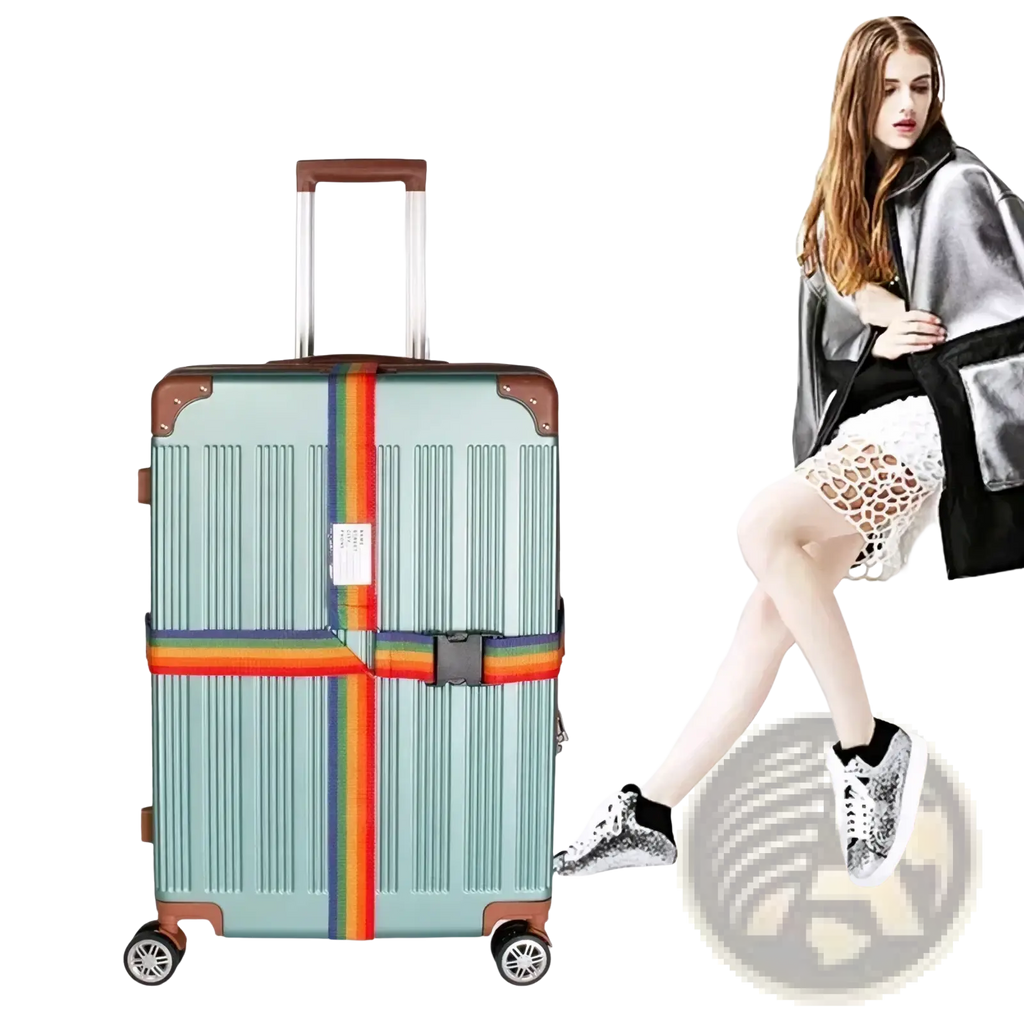 Adjustable heavy duty luggage strap on mint green hard-shell suitcase with brown leather accents and rainbow-colored belt