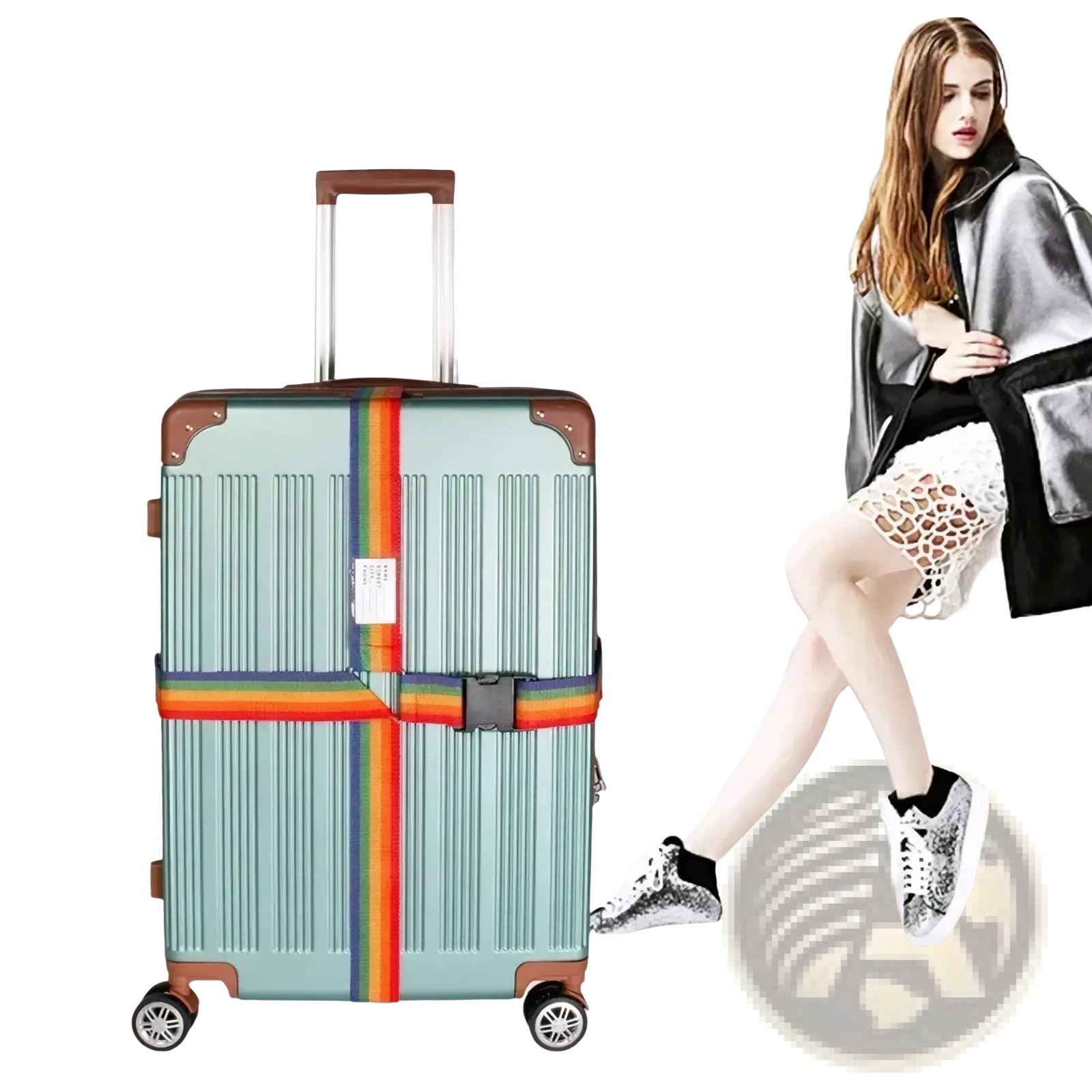 Adjustable heavy duty luggage strap on mint green hard-shell suitcase with brown leather accents and rainbow-colored belt