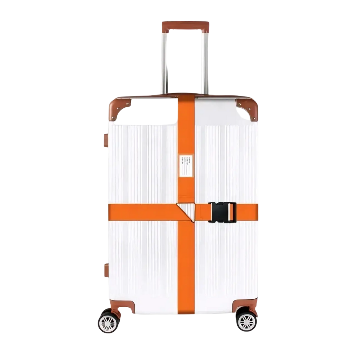Adjustable heavy duty orange cross-bandage luggage strap with black buckle securing white hard-shell suitcase