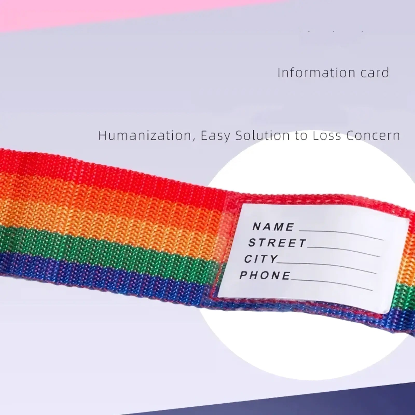 Adjustable heavy duty suitcase belt with rainbow-colored woven strap and white label for personal information