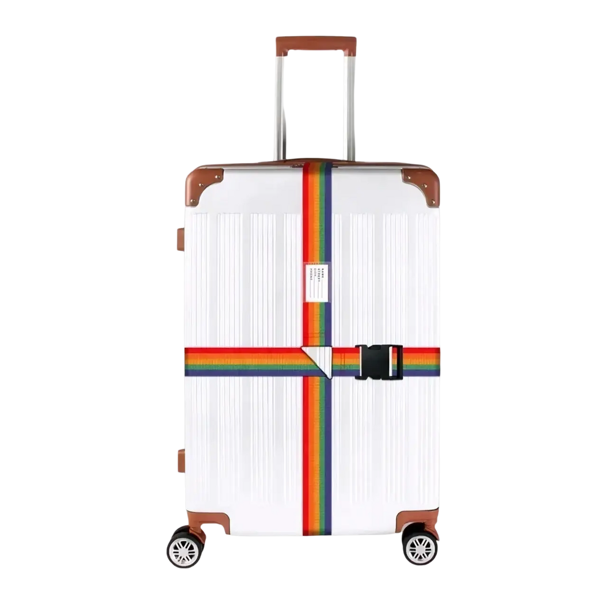 Adjustable heavy duty luggage strap with rainbow stripes and black buckle designed for 18-34 inch suitcases