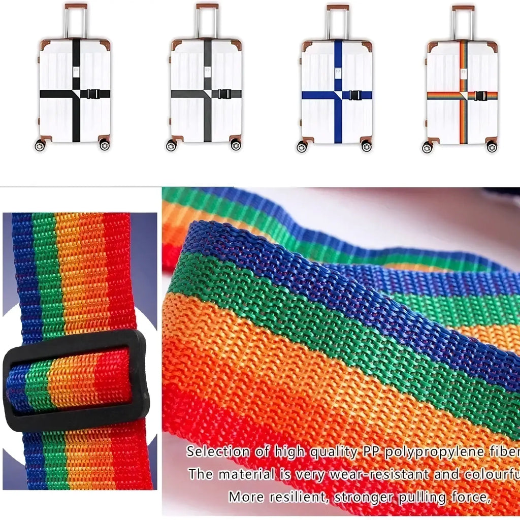 Adjustable luggage strap heavy duty suitcase belt in rainbow-striped pp polypropylene fabric with black plastic buckle
