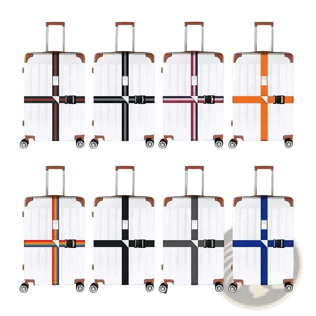 Adjustable luggage strap heavy duty suitcase belts in multiple colors on white hard shell suitcases with brown trim